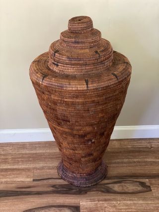 Large 33” Tall Antique Hand Woven Decorative Coil Basket With Lid
