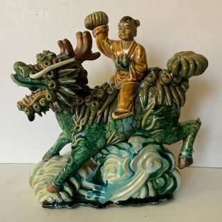 Antique Vtg Chinese Warrior Riding Horse/animal Pottery/ceramic Glazed Roof Tile