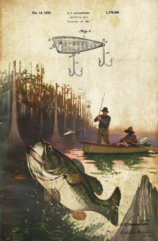 Vintage Creek Chub Bass Fishing Lure Patent Art Print 11x17 Cabin Wall Decor