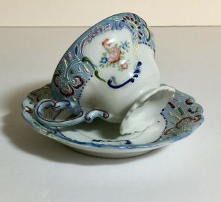 Vintage Merit White With Blue Floral With Moriage Tea Cup And Saucer Set Japan