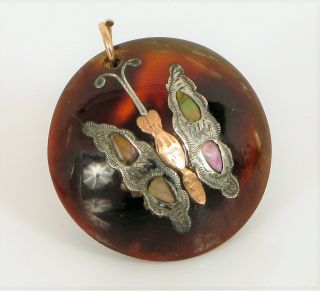 Antique Victorian Tortoise Shell Gold Sterling Abalone Butterfly Inlay Pendant