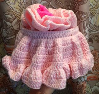 Vtg Toilet Paper Caddy Cover Pink Knit Yarn Flower Old Stock