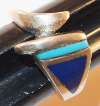 Vintage Sterling Silver Lapis & Turquoise Blue Inlay Angled Design Ring Size 6