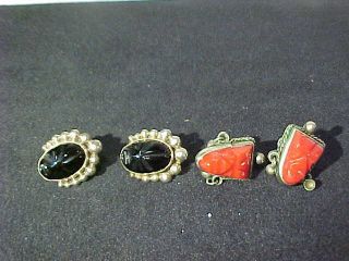 2 Pairs Vtg Mexico Sterling Silver Black Onyx & Red Aztec Mask Earrings