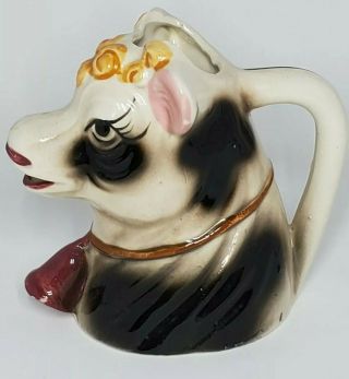 Vintage Cow Head Creamer Pitcher - White & Brown Spots - Red Bell - Japan