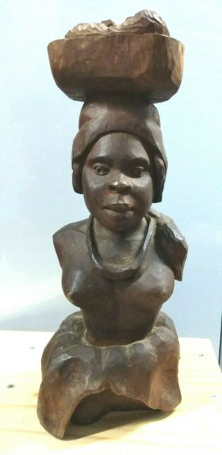 Antique/vtg 16 " X 6 " Hand Carved African Woman Wooden Bust Statue Art Sculpture