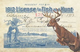 Vintage Whitetail Deer Bow Hunting License Art Print 11x17 Antlers Cabin Decor