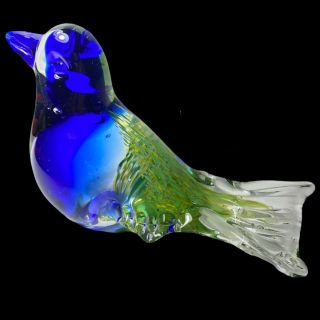 Vintage Murano Style Colorful Jay Blue Green Bird Art Glass Paperweight 3”
