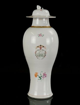 Tall Antique Chinese Famille Rose Armorial Porcelain Vase & Lid 18th C Qianlong