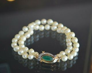 14k Gold Vintage Pearl Bracelet With Jade Cabochon And Diamond Clasp
