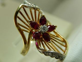 Art Deco 14k Ruby & Diamond Ring Figural Flower Sz 6 1/4 Custom Antique