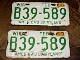 Vintage Matched Pair Feb 1955 Wisconsin License Plates W/ 1956 Metal Renewal Tag