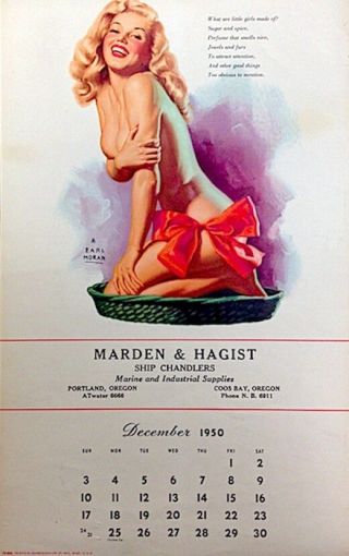 Marilyn Monroe Calendar 1950 Earl Moran Pinup Litho December Christmas Ex/nm