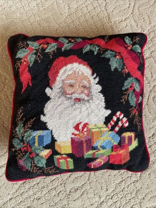 Vintage Wool Needlepoint Santa Christmas Pillow Red Velvet Back W/ Insert 14x14