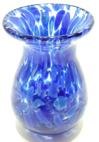 Vintage 1990s Art Glass 5 Inch Vase Cobalt Blue Confetti Glass Hand Blown Flaw