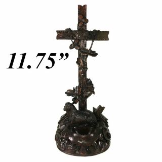 Antique Hand Carved Black Forest 11.  75 " Tall Crucifix,  Holy Font With Lamb