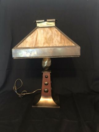 Mission Oak Wood Arts And Crafts Slag Glass Table Lamp Brass