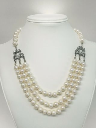 Anne Koplik Vintage Style Triple Strand Freshwater Pearl Crystal Necklace