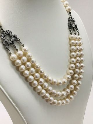 Anne Koplik Vintage Style Triple Strand Freshwater Pearl Crystal Necklace 3