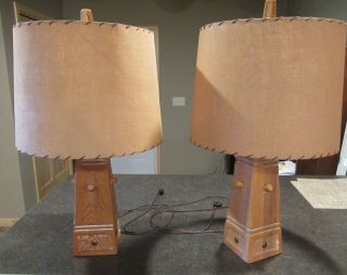 Vintage A Brandt Ranch Oak Peg Lamps - One Pair With Lampshades