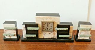 Antique French Art Deco 3 Piece Black Marble Garniture Mantle Clock Set Vintage
