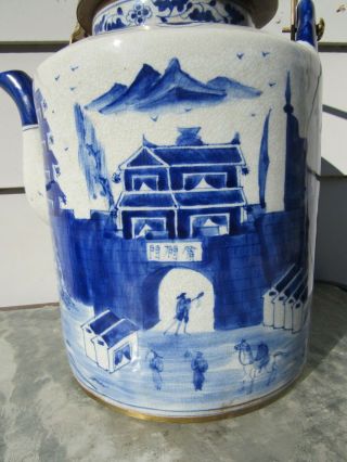 MASSIVE ANTIQUE CHINESE BLUE AND WHITE PORCELAIN TEAPOT SIGNED W/ BRASS HANDLE 2