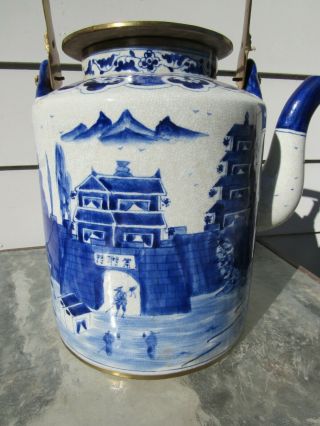 MASSIVE ANTIQUE CHINESE BLUE AND WHITE PORCELAIN TEAPOT SIGNED W/ BRASS HANDLE 5