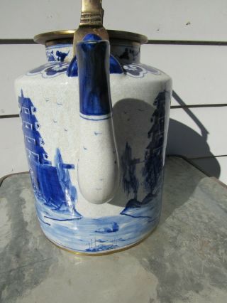 MASSIVE ANTIQUE CHINESE BLUE AND WHITE PORCELAIN TEAPOT SIGNED W/ BRASS HANDLE 6