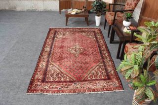 4x6 Vintage Oriental Hand Knotted Traditional Red Geometric Wool Area Rug