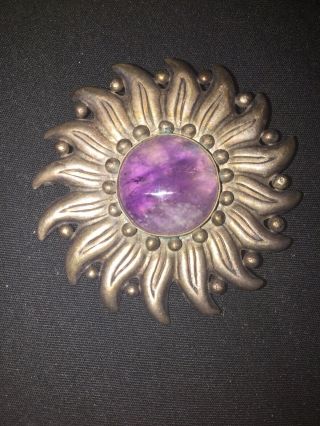 Vintage Marked Coro Silver Mexico W Purple Center Stone Brooch Pin