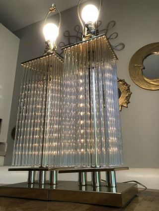 Pair Vintage Brass Glass Rod Table Lamps Sciolari Mid Century Modern