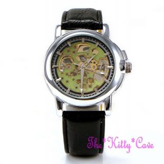 Automatic Mechanical Skeleton Steampunk Unusual Green & Silver Blk Leather Watch