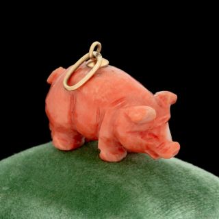 Antique Vintage Art Deco 18k Gold Chinese Carved Salmon Coral Pig Charm Pendant