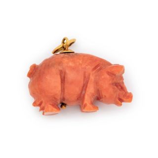 Antique Vintage Art Deco 18k Gold Chinese Carved Salmon Coral Pig Charm Pendant 2