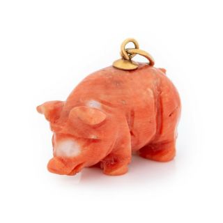 Antique Vintage Art Deco 18k Gold Chinese Carved Salmon Coral Pig Charm Pendant 3