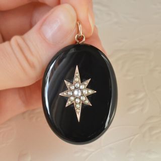 Antique Victorian Mourning Black Onyx 9ct Gold Star Seed Pearl Pendant Locket
