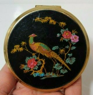 Vintage Stratton England Black Enamel Compact Pheasant Flowers Makeup Mirror