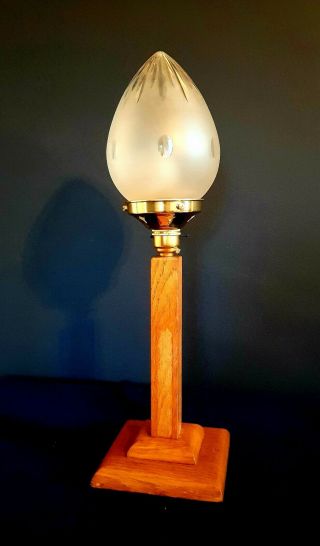 1930s Art Deco Table Desk Lamp Oak Stem Acorn Globe Glass Shade