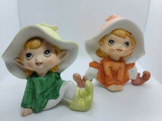 Vintage Set Homco 5213 Sitting Pixie Elf Fairy Porcelain Figurines 4 Inch Taiwan