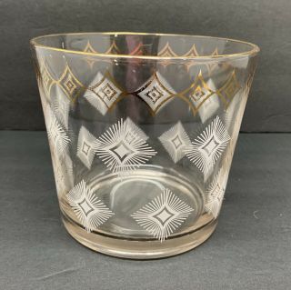 Glass Ice Bucket Mcm Barware White Gold Diamond Shape Atomic Vintage