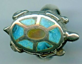 Vintage Mother Of Pearl & Turquoise Inlay Sterling Silver Turtle Ring Sz 6