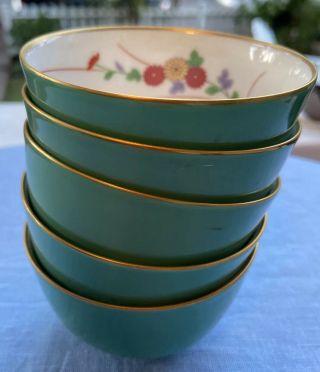 Set Of 5 Vintage Chinese Hand Painted Turquoise Porcelain Tea Cups/ricebowls