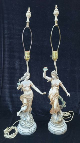 Antique Auguste Moreau Art Nouveau Spelter Lamps Greek Mythology Figures