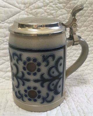 Vintage Ceramic Beer Stein Rein - Zinn Hinged Pewter Lid Blue Salt Glaze 5.  5 