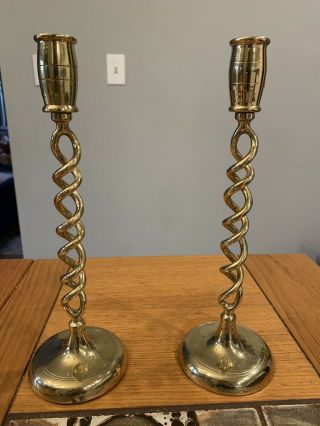 Pair Vintage Brass Open Barley Twist Candlesticks 12” Tall