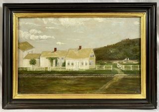 Antique 19th C.  American Folk Art Maine Farm Home Railroad Ship Oil Painting