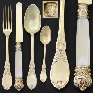 Antique French 18k Gold On Sterling Silver " Vermeil " 4pc Flatware Place Setting