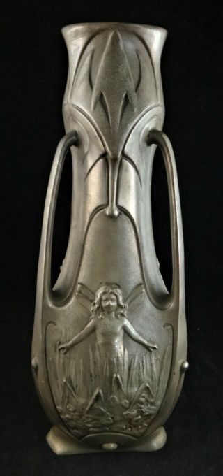 Antique French Jean Garnier Silvered Bronze Art Nouveau 3 Handled Vase.  14 ¼” T.