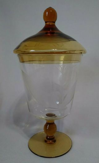 Vintage Honey Amber Etched Leaf Motif Lidded Pedestal Glass Candy Dish