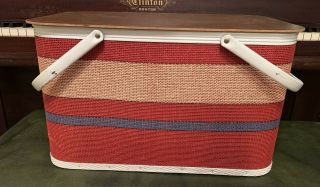 Vtg Redmon Picnic Basket Vintage Hard Wood,  Wicker,  Metal Handles Red White Blue